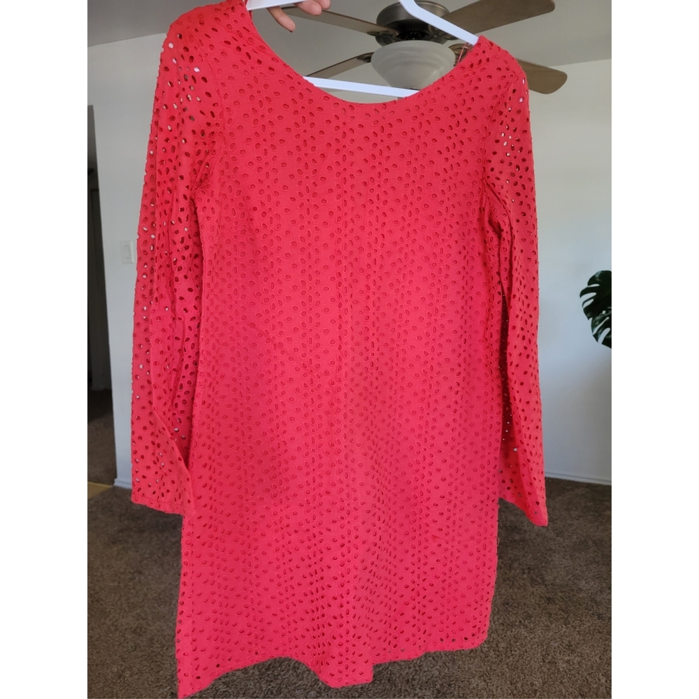 Heyton XS Eyelet Embroidered Coral Bell Sleeve Mini Dress Coral